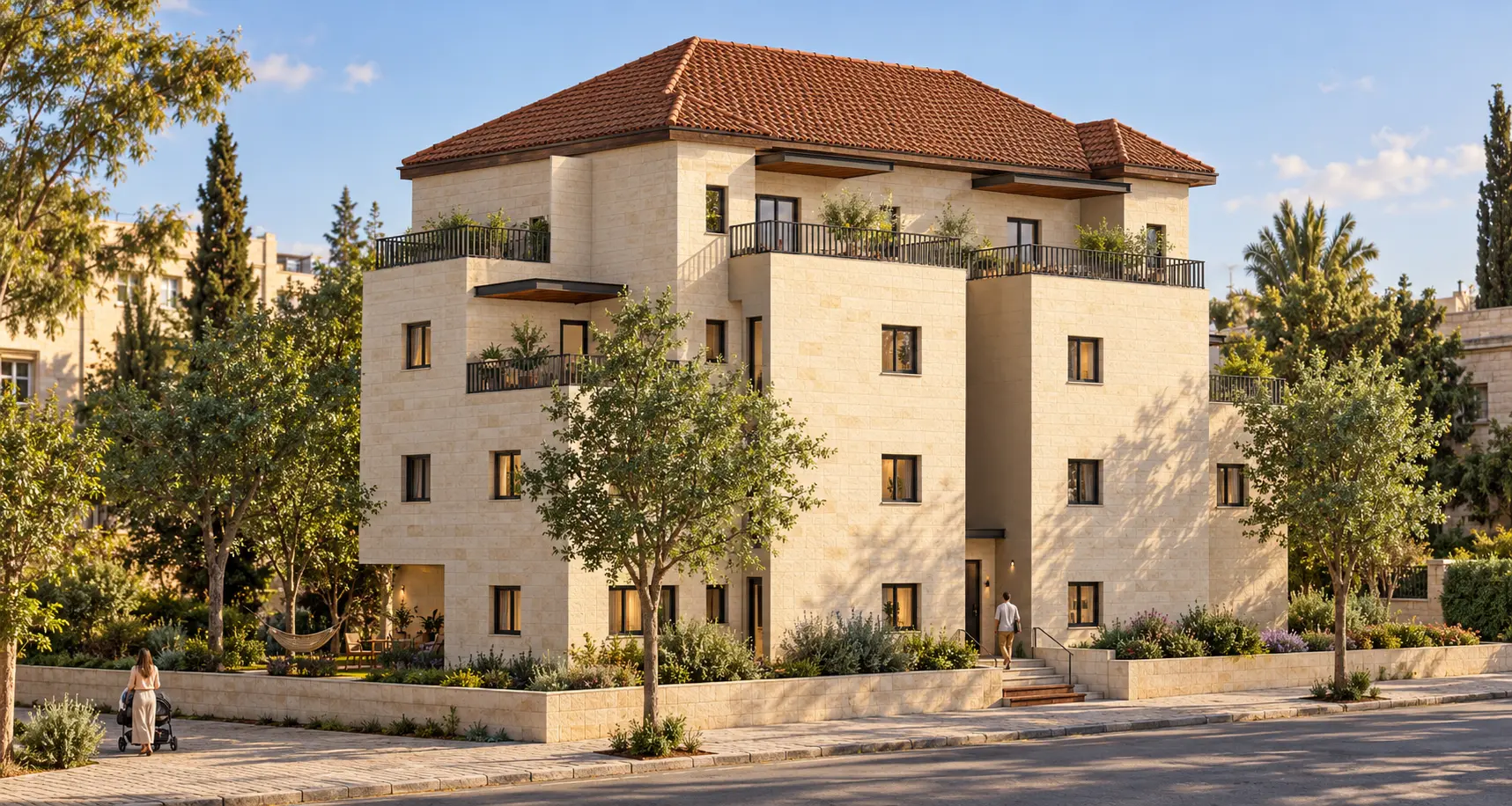 בניין מגורים בן ארבע קומות בסביבה ירוקה
